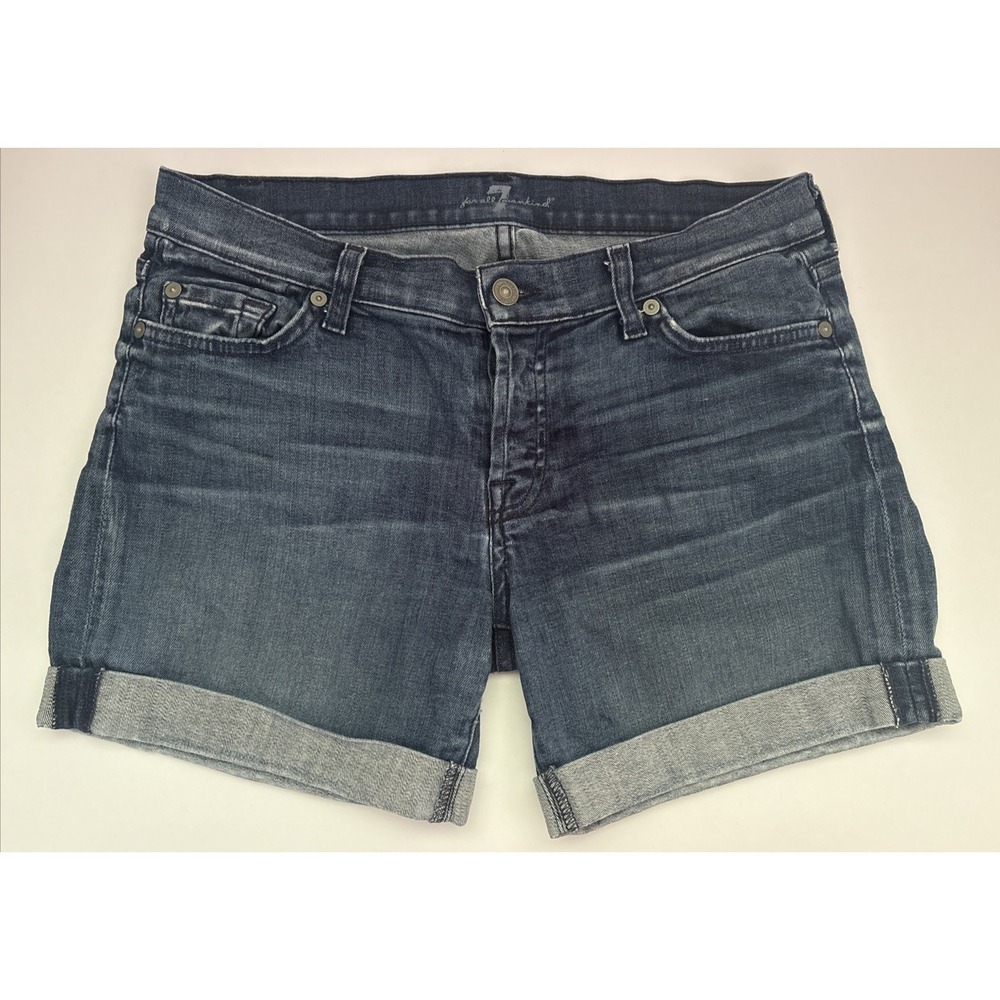 7 For All Mankind Shorts Womens Blue Denim Cuffed Jean Cutoff Button Fly Sz 26